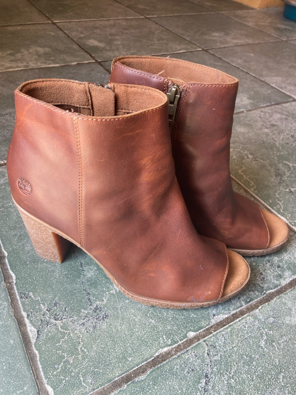 Timberland Brown Leather Peep Toe Ankle Heeled Boots